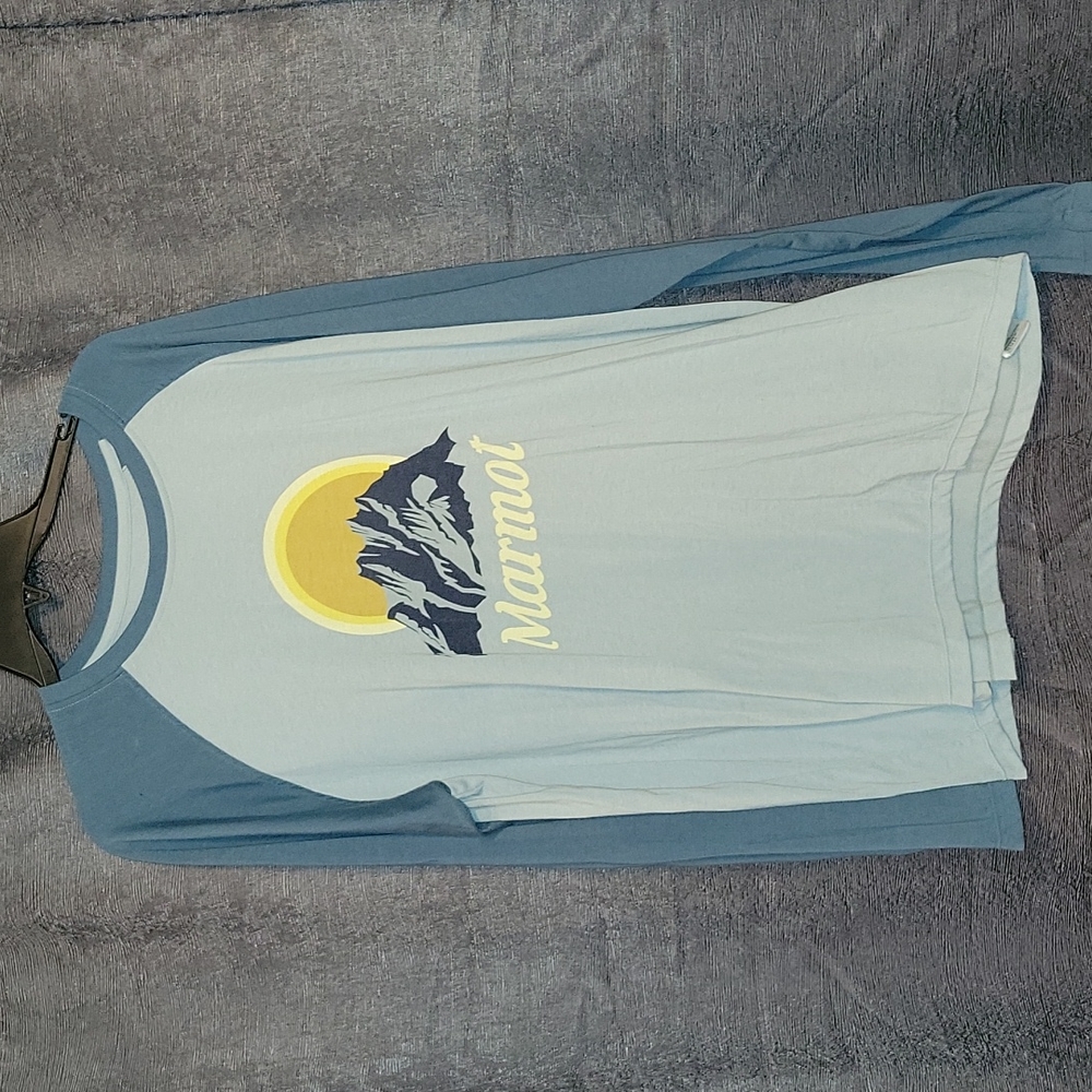 Marmot Light Blue and Blue Raglan Long Sleeve Tee with Mountain Graphic